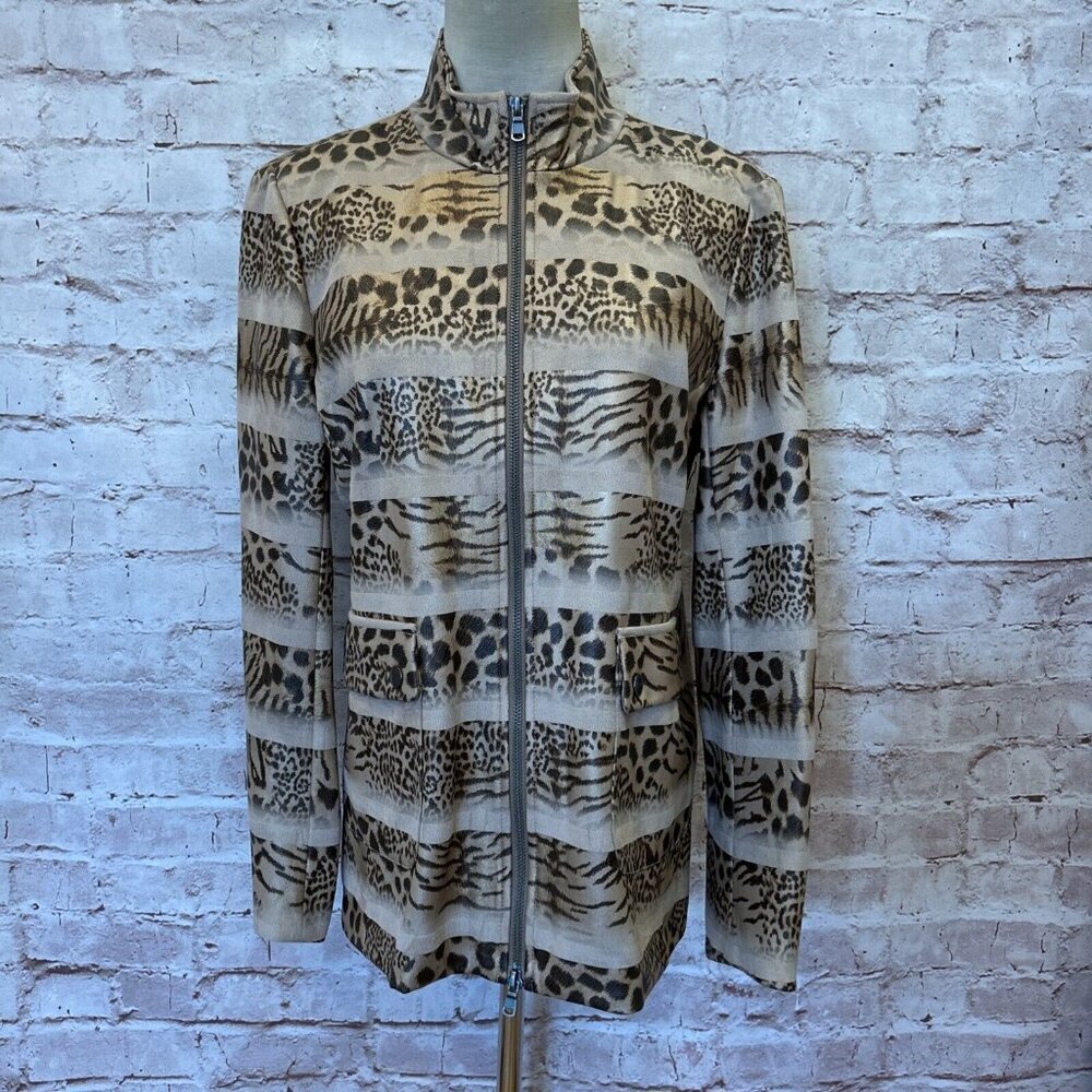 Sharon Young Womens S Full Zip Jacket Brown Leopard Animal Print Faux Suede NEW